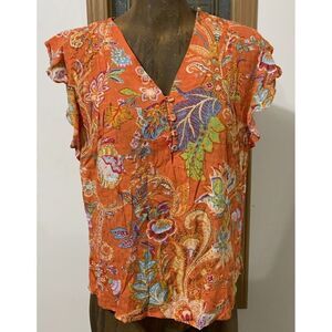 Nicole Miller Paisley Ruffle Blouse Orange Floral XS V-Neck Cap Sleeves